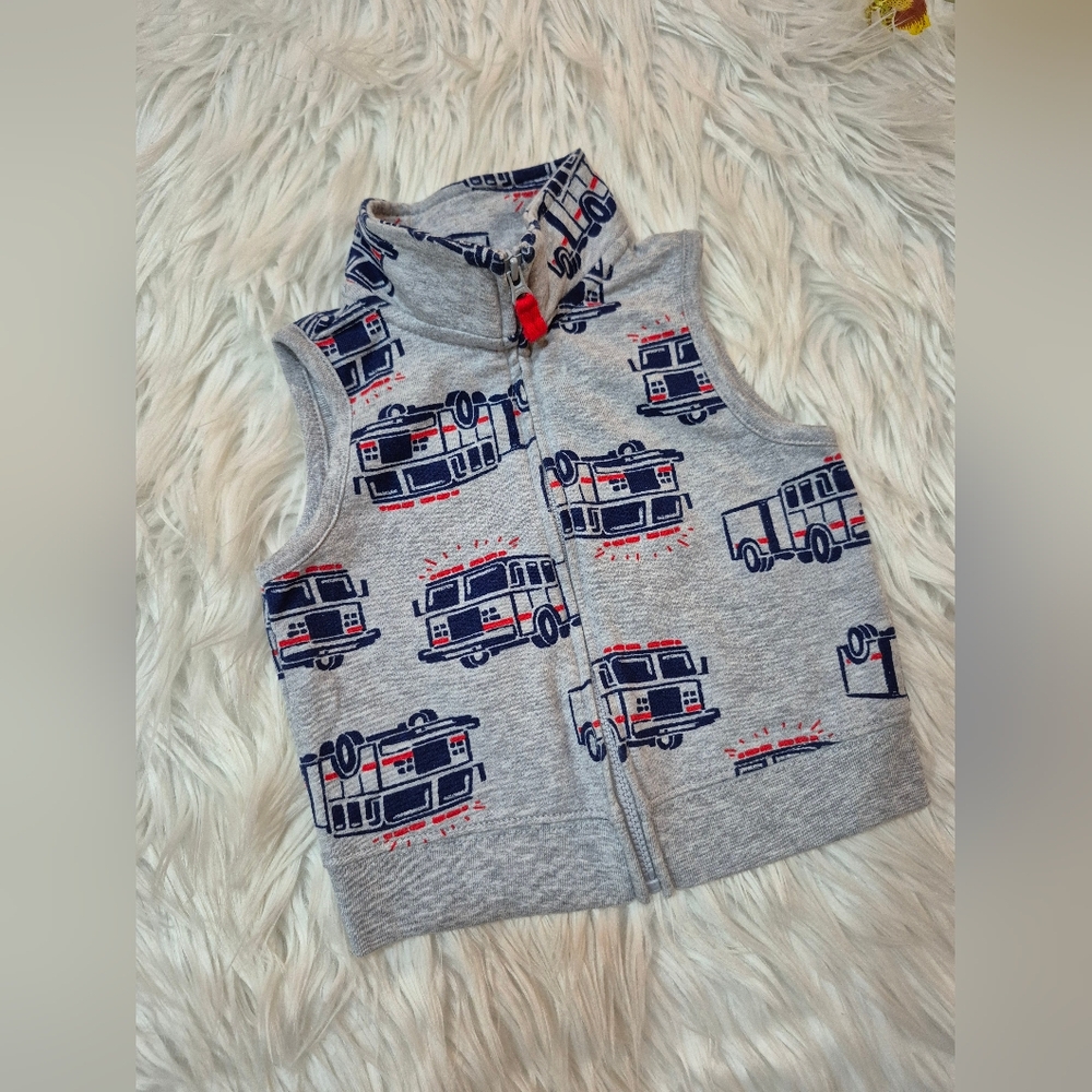 Carter's Gray Zip-Up Vest with Fire Truck Design